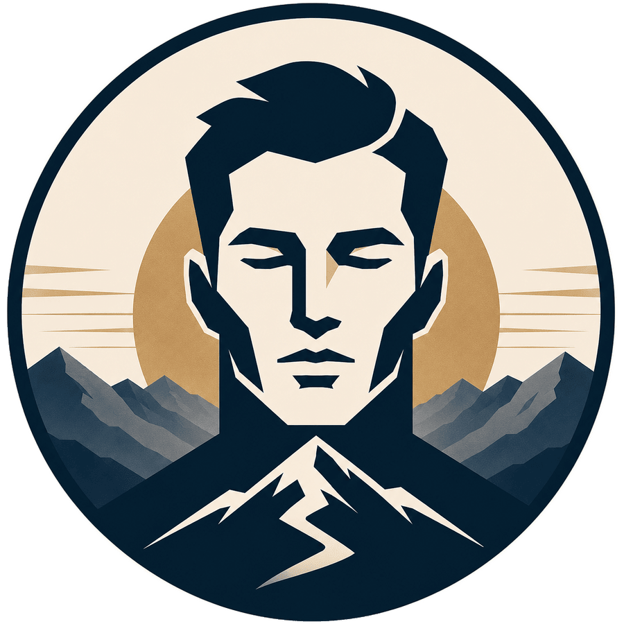Men's Counseling Online logo: a man's face at sunrise above a mountain range
